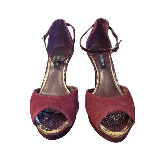 White House Black Market Burgundy Suede Peep Toe Ankle Strap Heels Sz 9M Dressy - Picture 3 of 11
